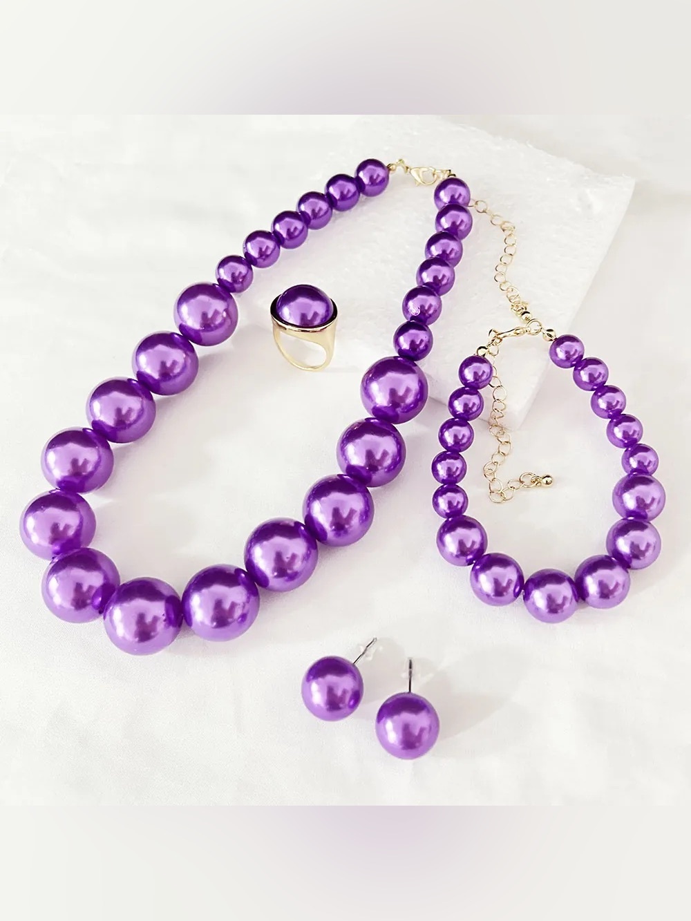 Purple Pearl Bead Necklace, Bracelet, Earrings & Ring Set